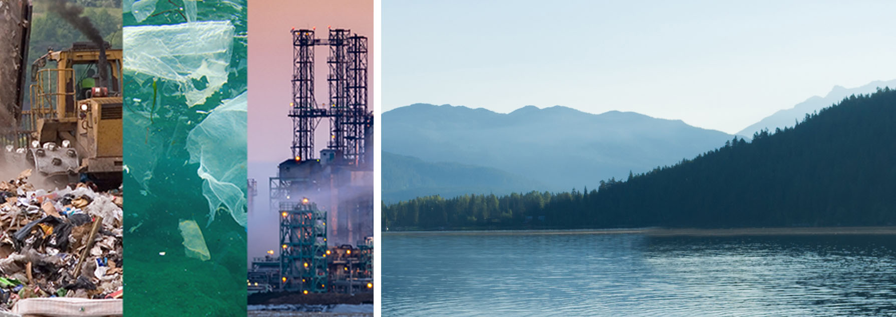 Landfill site, plastic in the ocean and a factory, and a beautiful landscape with mountains and a lake