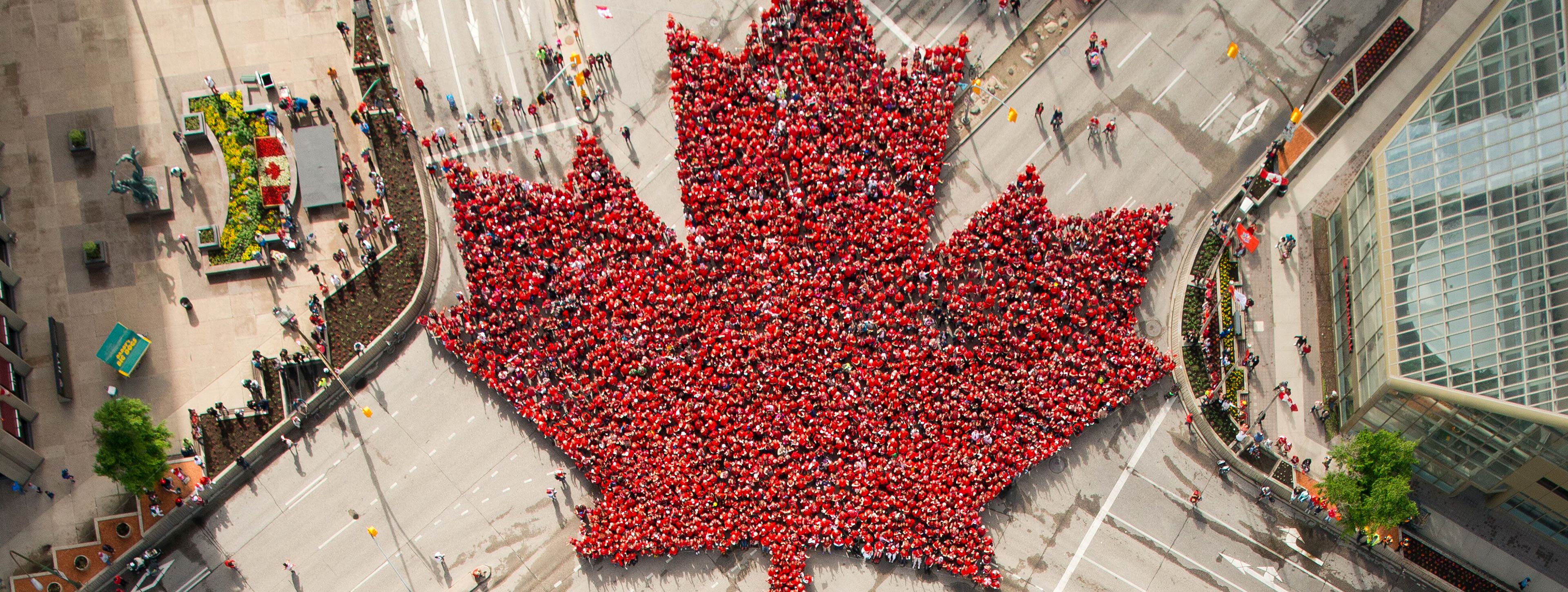 A crowd creating a giant red maple leaf, pictured from above.
