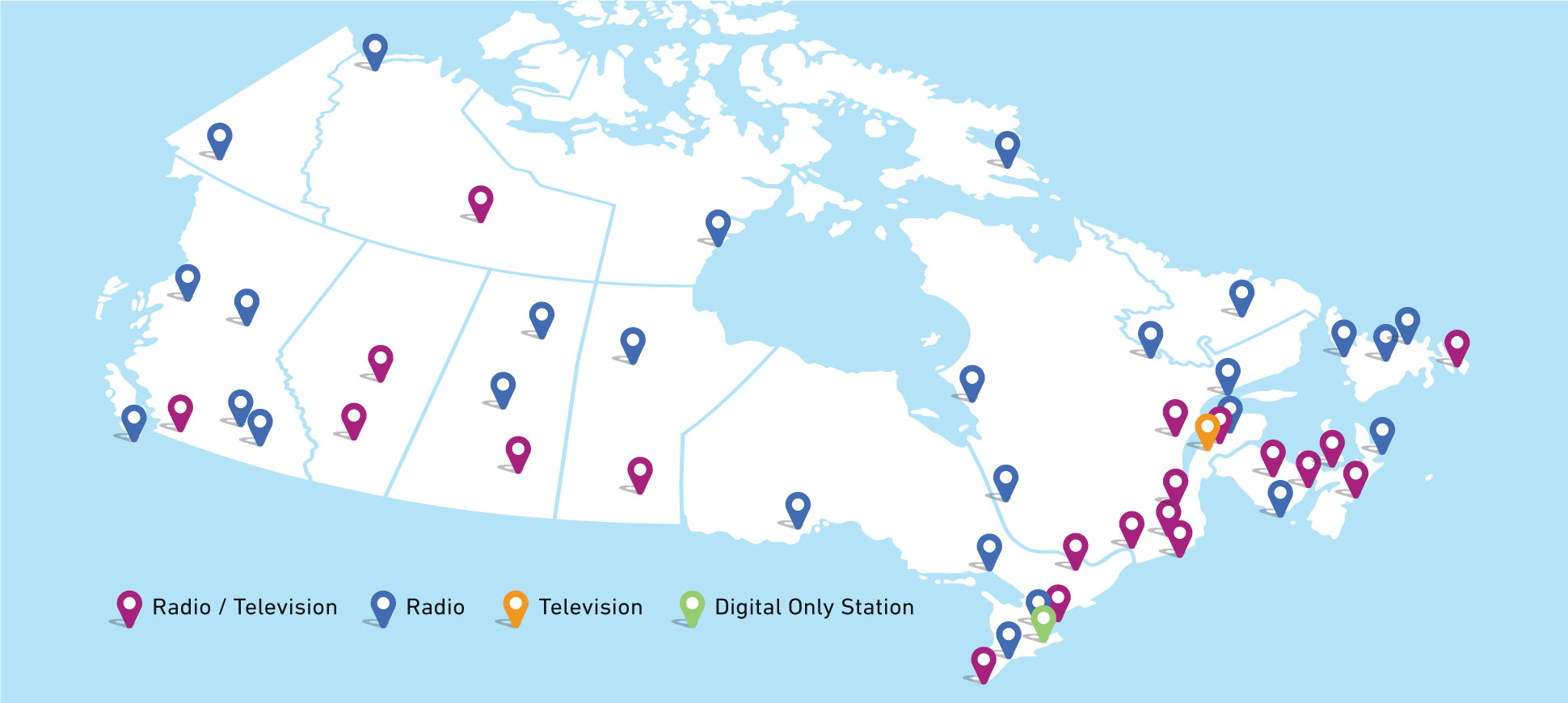 Map of Canada illustrating the location of CBC/Radio-Canada's stations. 
