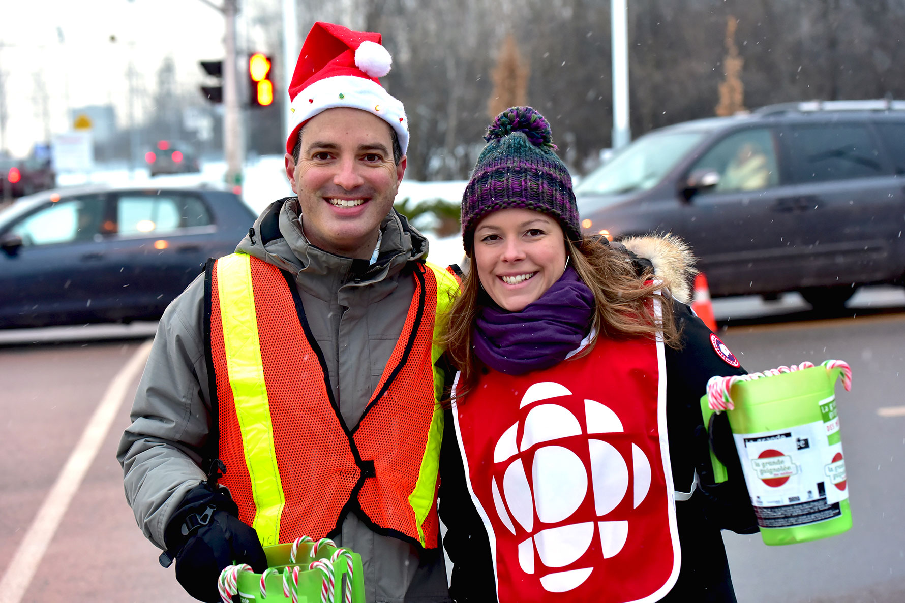 Employees collect donations on the street.